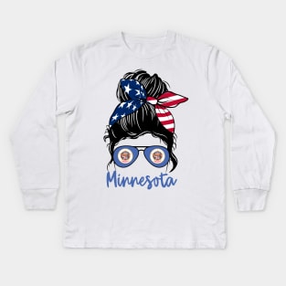 Minnesota girl Messy bun , American Girl , Minnesota Flag Kids Long Sleeve T-Shirt